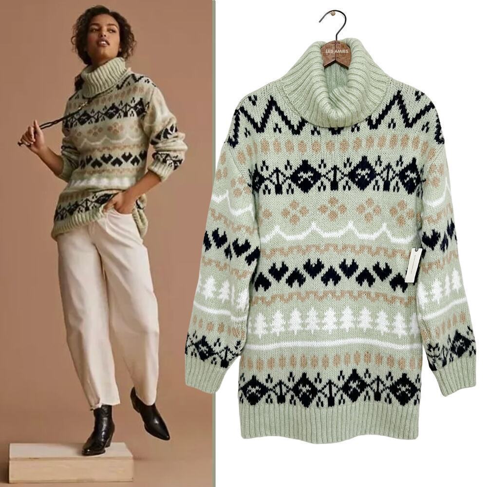 NWT Anthropologie Green Fair Isle Turtleneck Oversized Winter Holiday Sweater S